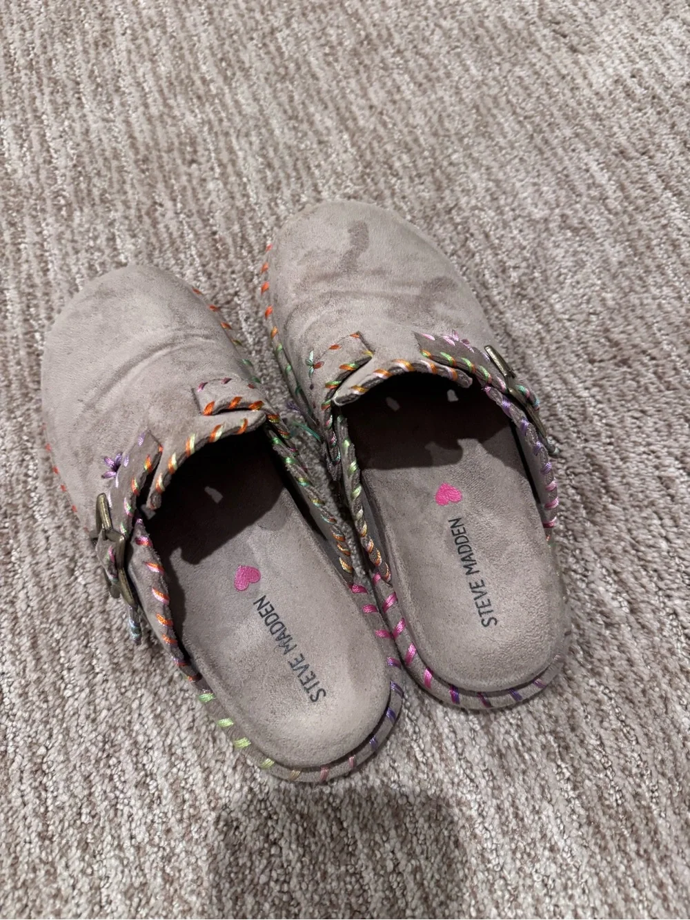 Steve Madden Kids Taupe Suede Slip-On Clogs with Multicolor Stitching